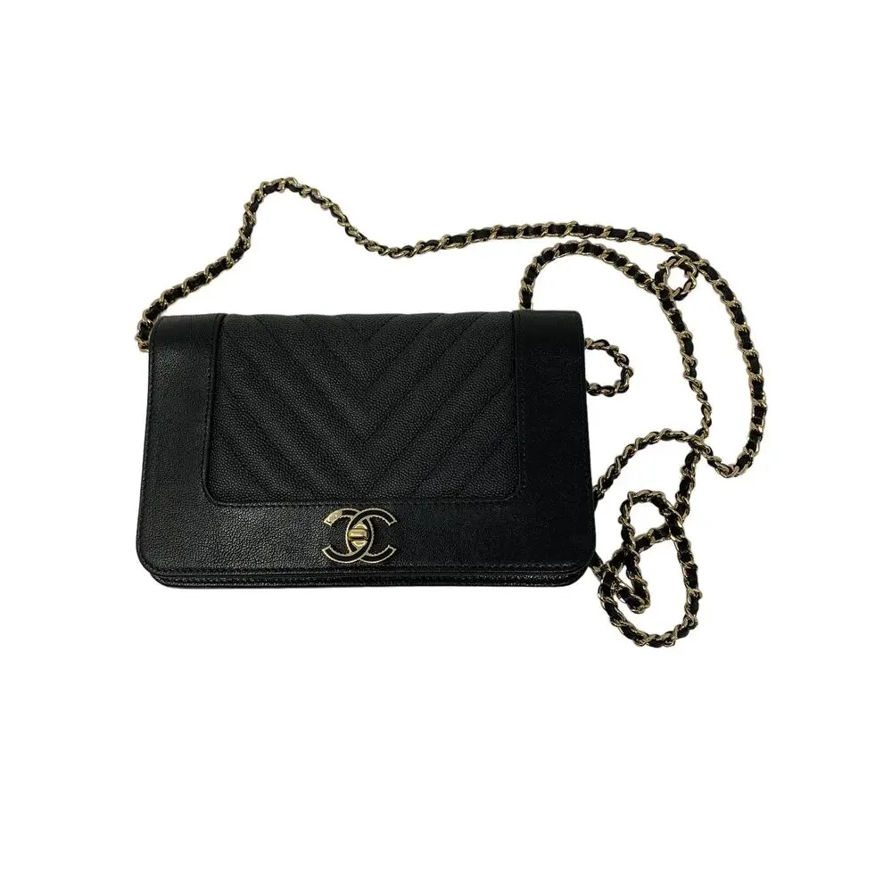 Chanel Chevron Mademoiselle Wallet On Chain Black Caviar Leather